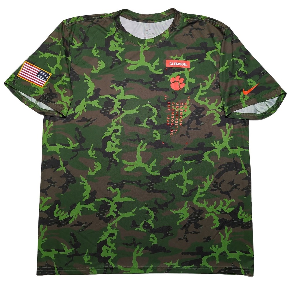NIKE Clemson Tigers Dri-Fit Short Sleeve Shirt‎ Military USA Flag Camo Green XL